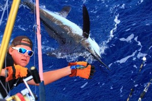 HERE IS OUR OWN PARKER WITH A NICE MARLIN WHILE HE MATES ABOARD THE MUFF DIVER OUT OF OC
